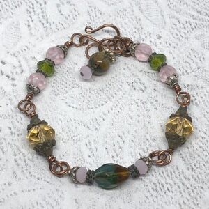 Artisan made crystal and art glass beads copper bracelet boho free spirit